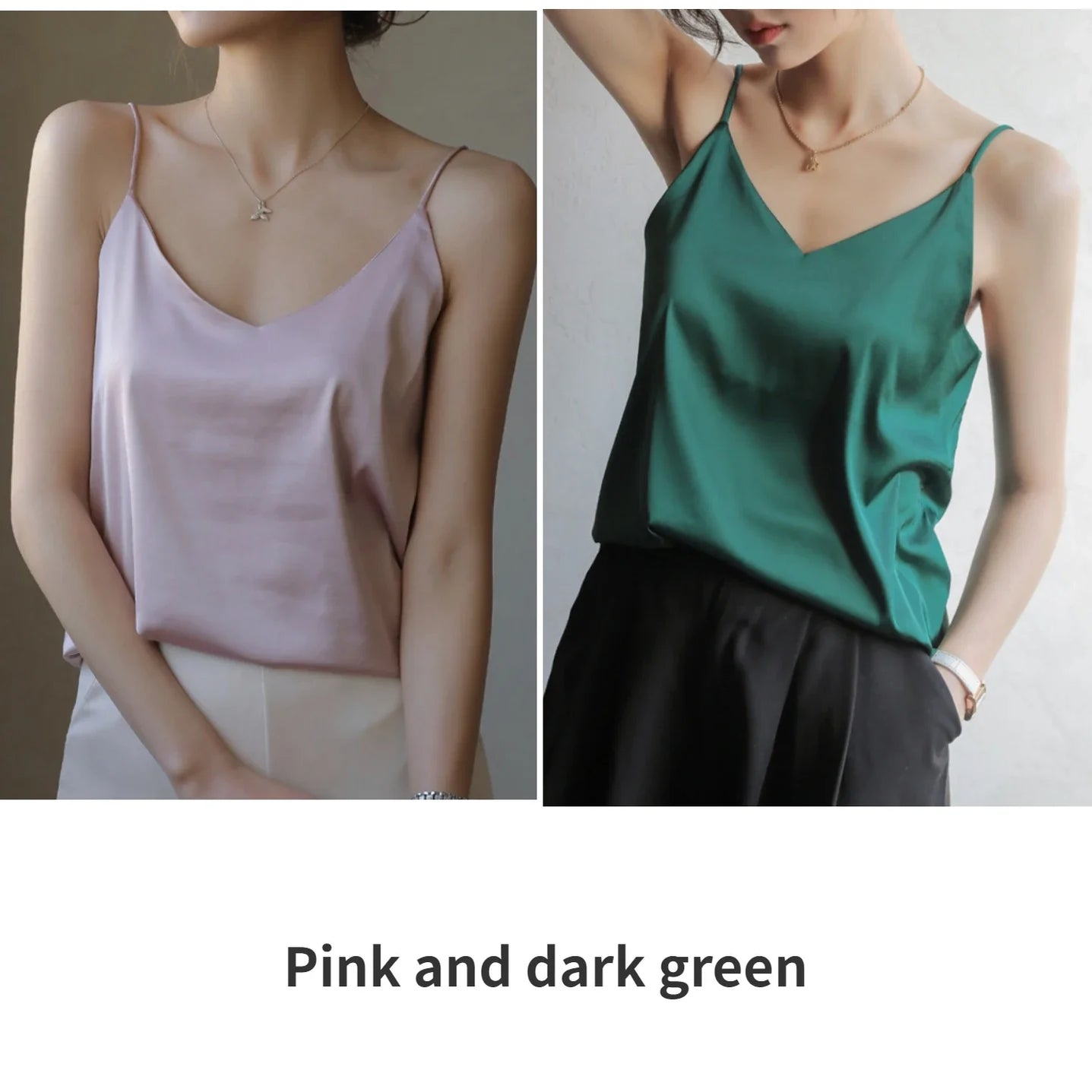 Grey Camisoles for Women Acetate SATIN Loose Summer Spaghetti Strap Tank Top Solid V-neck Fashion Sexy Backless Tanks & Camis Pink and dark green