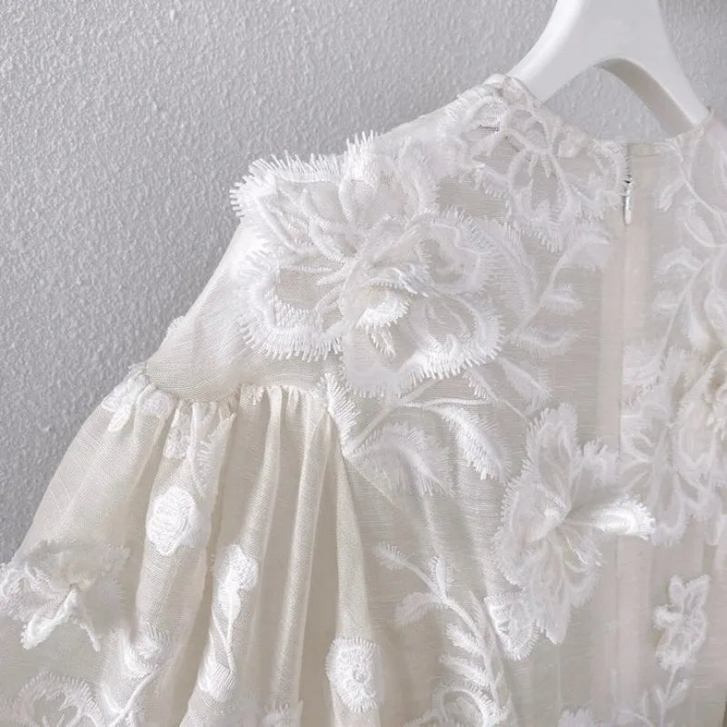 Women Dresses Party Holiday Luxury Top Qaulity 3-piece White O-neck Half Sleeve A-line Long Dress with Belt Australian Designer