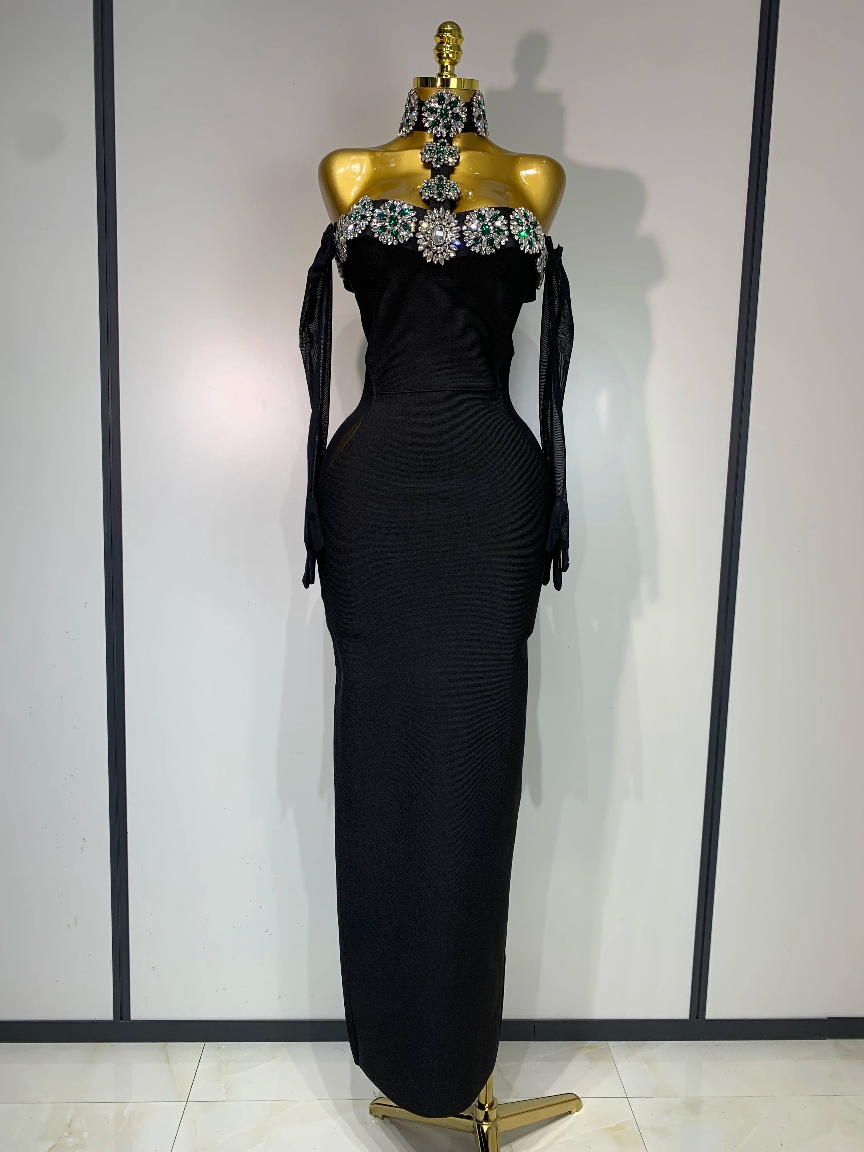 Women Celebrity Sexy Diamonds Crystal Off Shoulder Maxi Long Bodycon Bandage Dress 2025 Elegant Evening Club Party Luxury Dress black