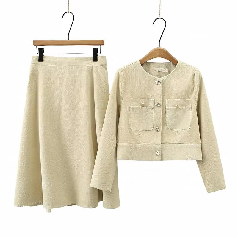 Plus Size Women's Clothing Spring And Autumn Suit Long-Sleeved Short Jacket In Corduroy Fabric And Knee Length Skirt Combination Beige