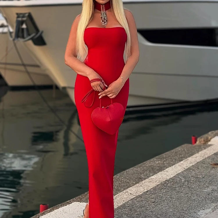 Backless Party Dress Elegant Halter Prom Dress with Back Split 2024 Summer New Slim Fit Maxi Bandage Dress Cocktail Dress