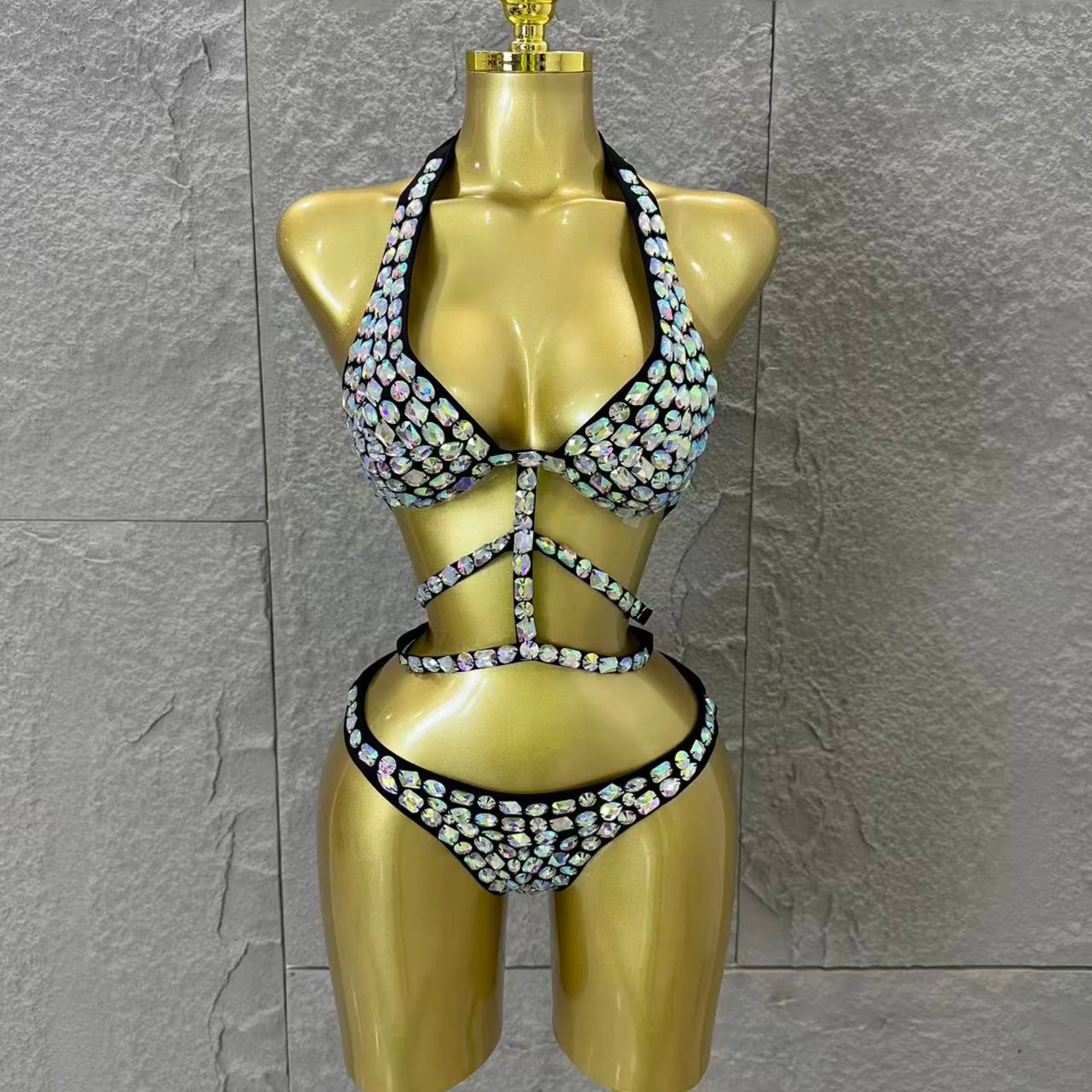 2026 Luxurious Black Bodysuit Women Sexy Halter Neck Iridescent Crystal Embellished Cutout Outfit Stage Performance Costume D