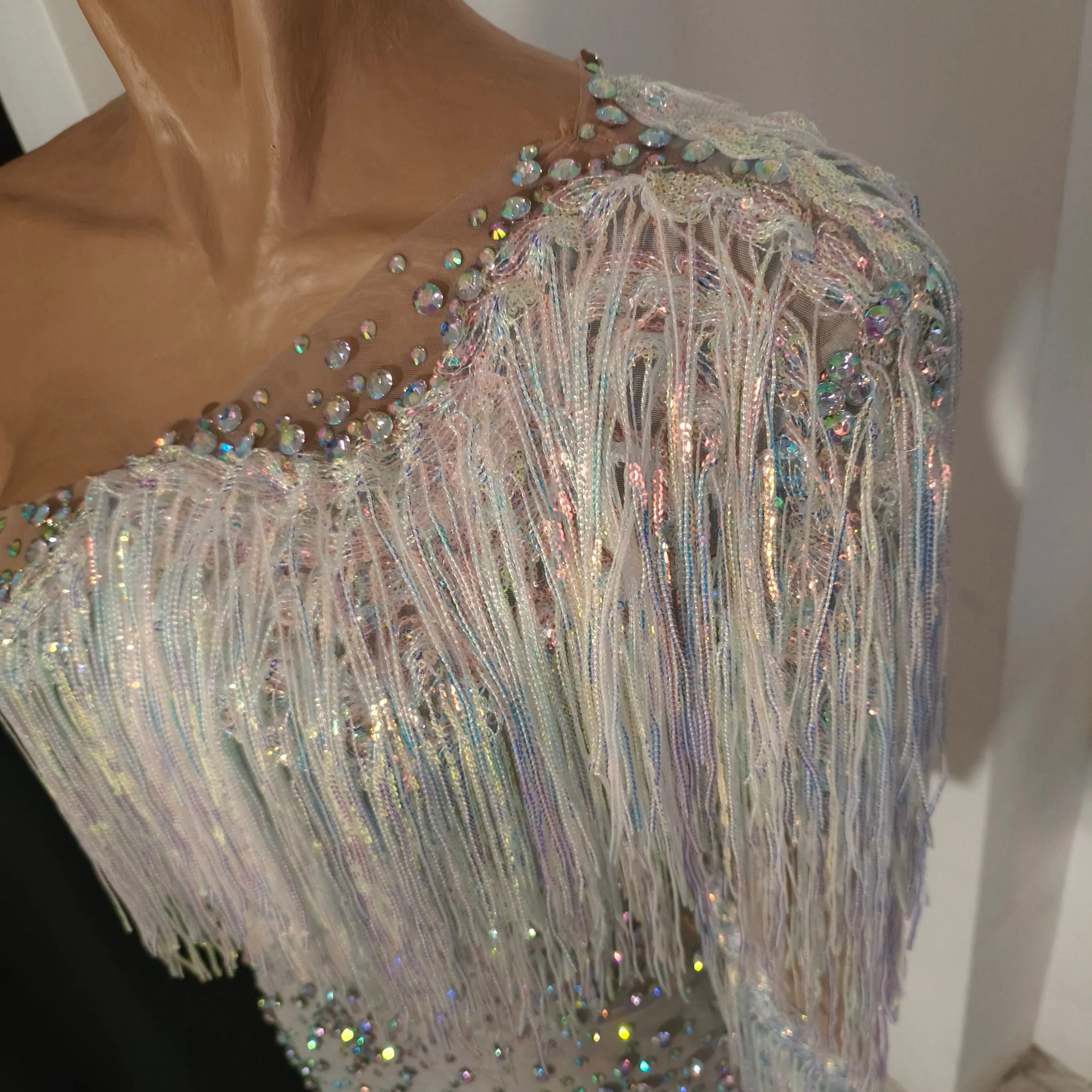 Glamorous Nude Sheer Mesh Dress Women Long Sleeve Flowy Rhinestone Fringe Embellished Nightclub Party Dance Performance Outfit