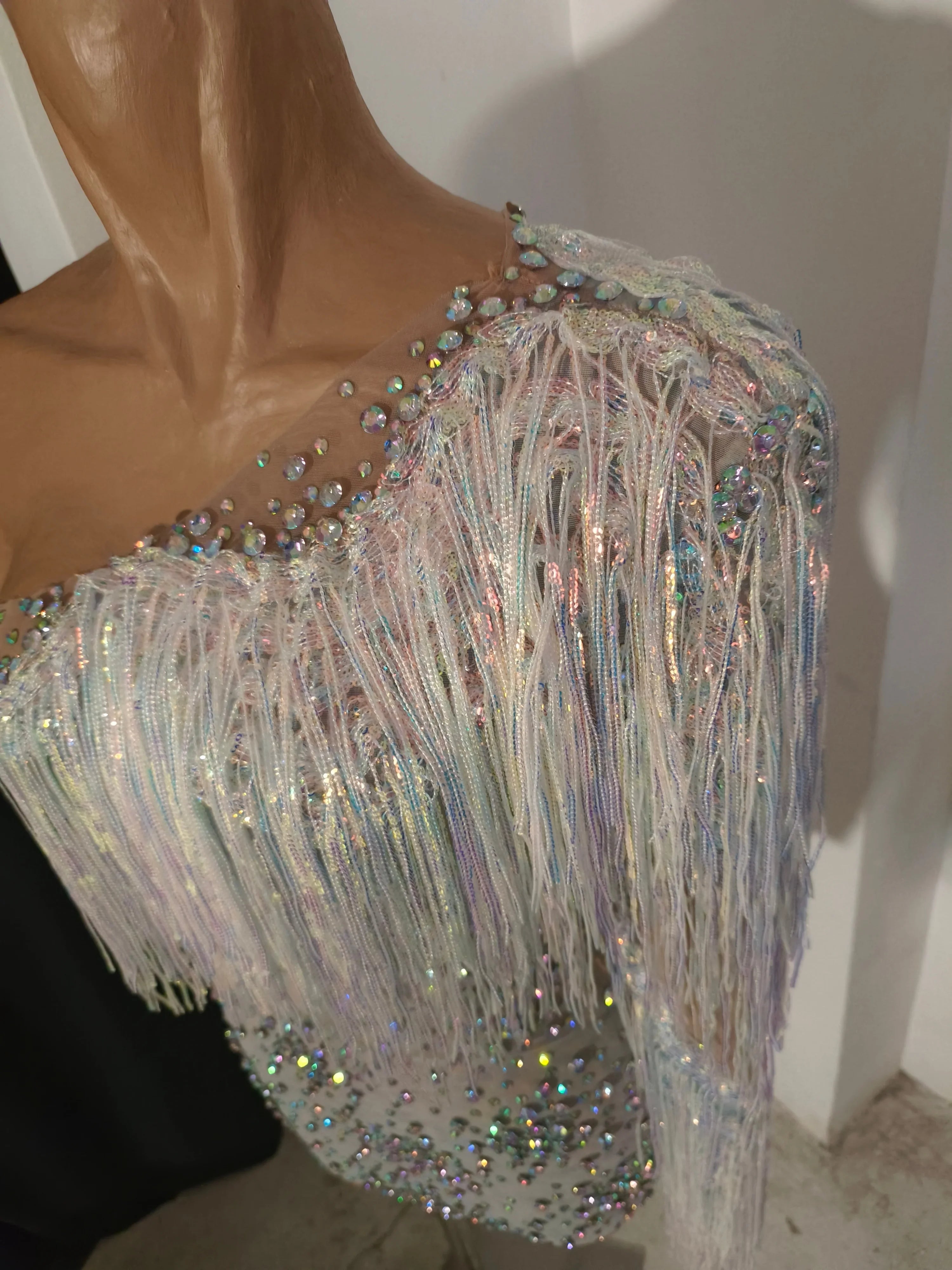Glamorous Nude Sheer Mesh Dress Women Long Sleeve AB Rhinestone Fringe Embellished Nightclub Party Dance Performance Outfit