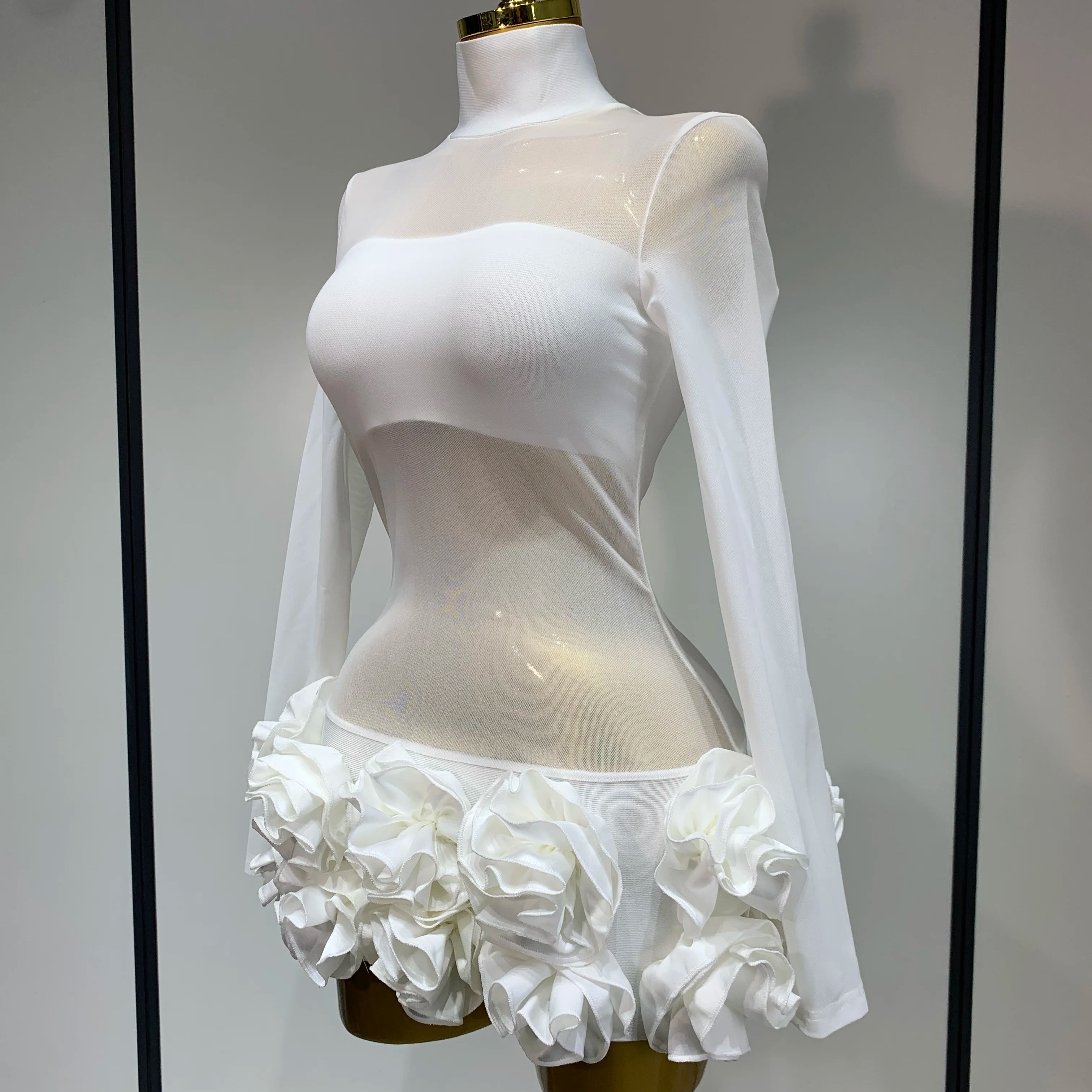 Women Sexy Mesh See through Stereoscopic Flowers White Red Mini Bandage Dress Birthday Evening Party Club Singer Perform Costume