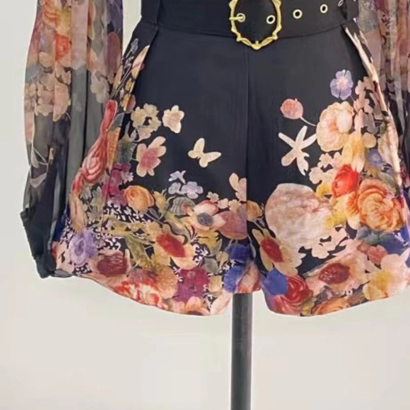 Real Shot Spot Australia New Positioning Printing Top Three-Dimensional Flower Lace-up Top + Wide Leg Shorts Suit Women