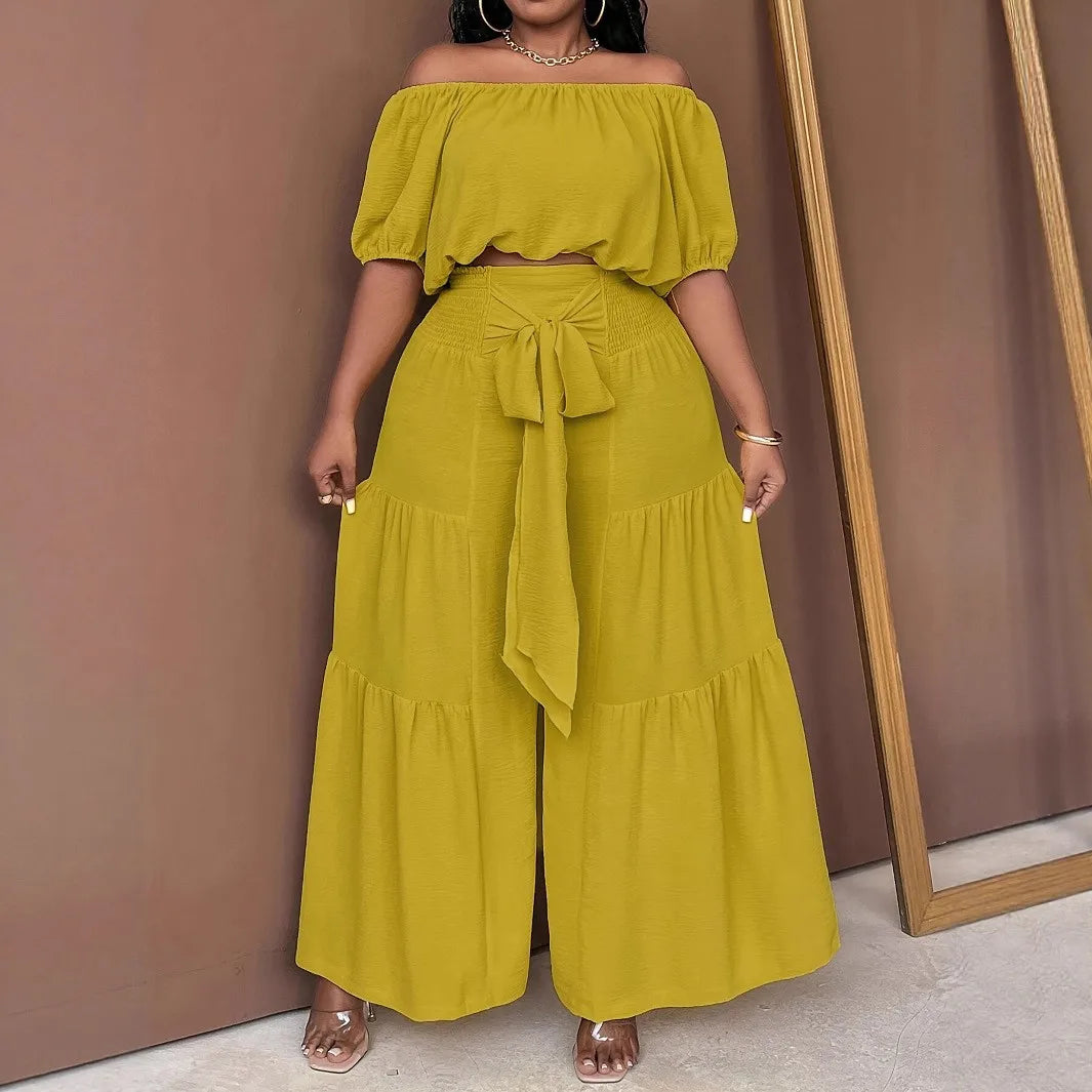 Plus Size Summer 2 Two Piece Set Women Casual Fashion Ladies Cropped Blouses Wide Leg Loose Pleated Woman Long Pant Yellow