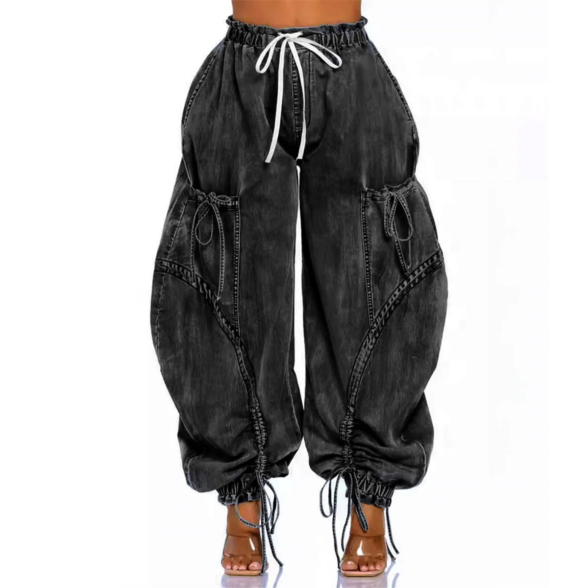 Women Streetwear Drawstring Fashion Fly Denim Pants 2024 Autumn Loose Safari Style Cargo Harem Hip Hop Jeans black