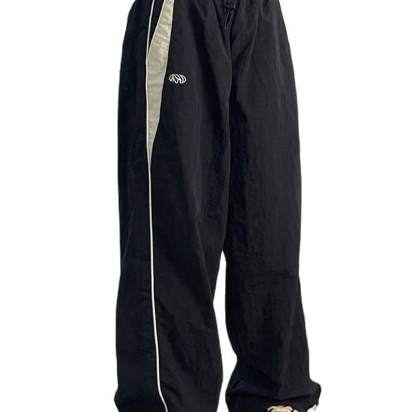 Women Spring Retro Solid Loose Drawstring Trousers Casual Joggers Baggy Wide Leg Sweatpants Mid Waist Sporty Y2k Female Clothes black