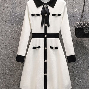 Small Fragrance Fall Winter Knitted Sweater Dress Women Bow Tie Buttons Vintage Party Mini Dress Elegant Casual Chic Robe Femme White One Size