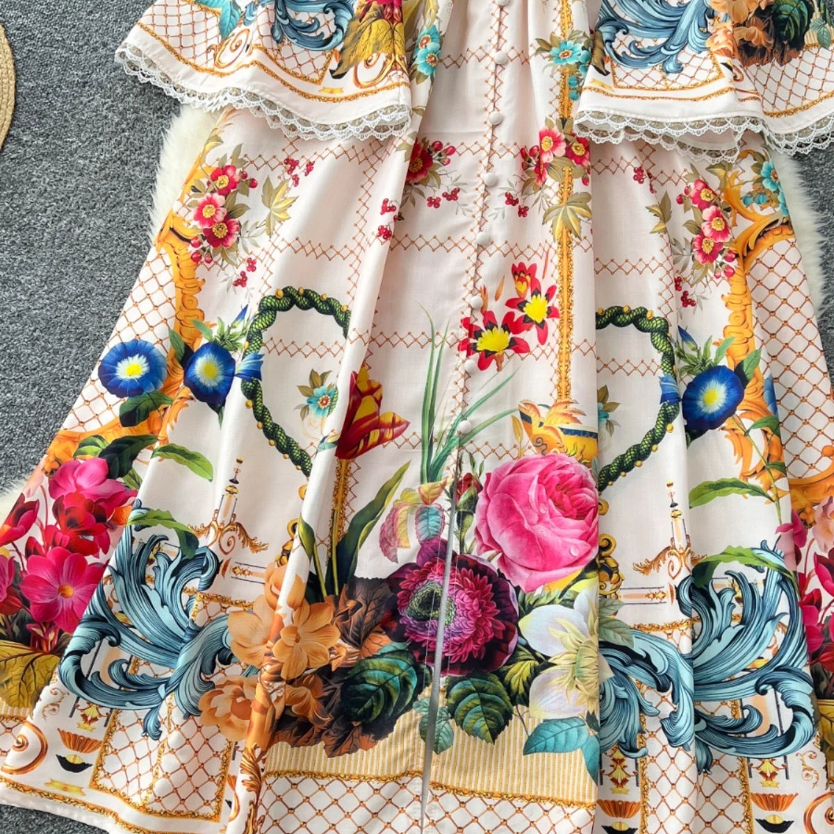 Elegant Floral Long Maxi Dresses Shirt Women Lantern Full Sleeve National Trench Print Single Breasted Lace Neck Party Vestidos