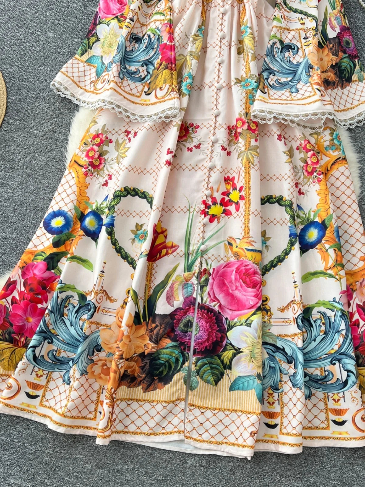 Elegant Floral Long Maxi Dresses Shirt Women Lantern Full Sleeve National Trench Print Single Breasted Lace Neck Party Vestidos