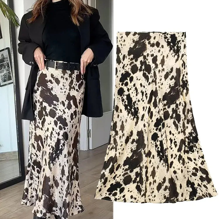 TRAFZA Spring Women Fashion Skirts Trend Printing Slim Long Skirt Woman With Folds Versatile High Street Female Skirts