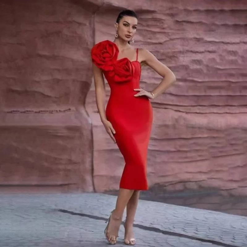 Black Red Color Women Sexy Strap Florals Bodycon Midi Bandage Dress Celebrate Nightclub Party Birthday Photo Shoot Outfit Red