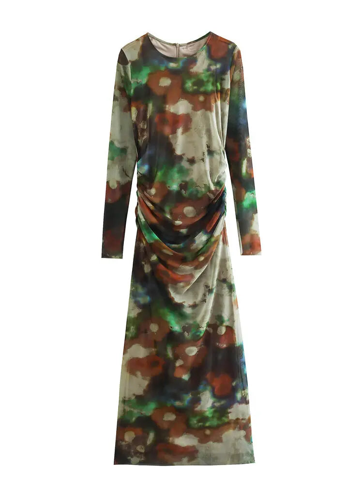 Women's Contrast Color Print Mid-calf Dress Slim O-Neck Long Sleeve Dress Spring Fashion Vintage Female Pleated Dresses green