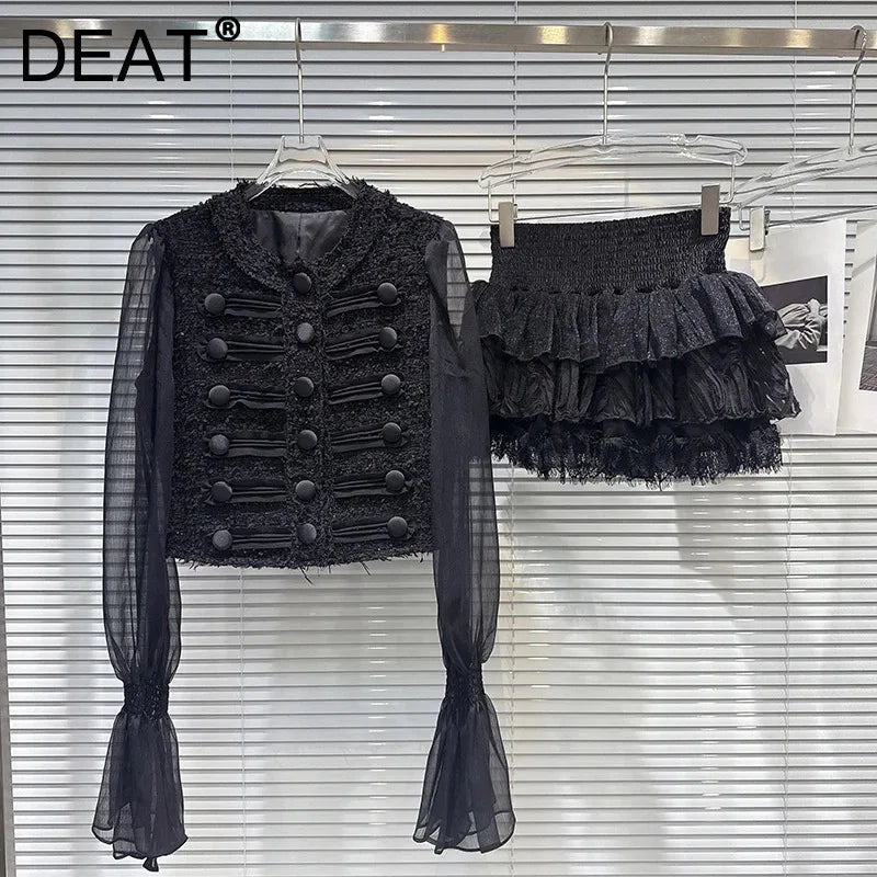 Autumn New Fashion Tweed Mesh Sleeve Short Jacket For Women High Elastic Waist Cake Skirt Female Trend 11A07728