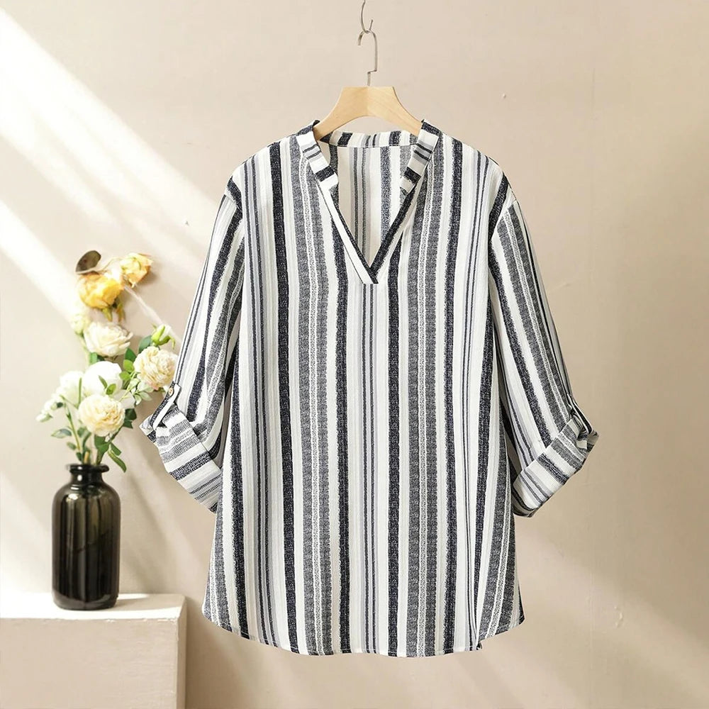 Plus Size Rafiah Women's Sets Summer Simple Basics Stripes Short Sleeve V-Neck Natural Waist Ankle Wide Leg Casual Sets