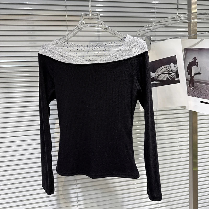 Winter New Elegant Fashion Shiny Rhinestone Mesh Off-Shoulder T-Shirt For Women Patchwork Tops Female Trend 11A07654 Black One Size