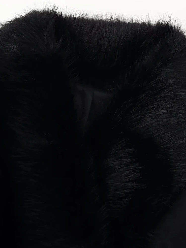 Women New Slim Black Faux Fur Woolen Patchwork Women Long Coat Chic Belt Full Sleeve Button Female Outwea Coats