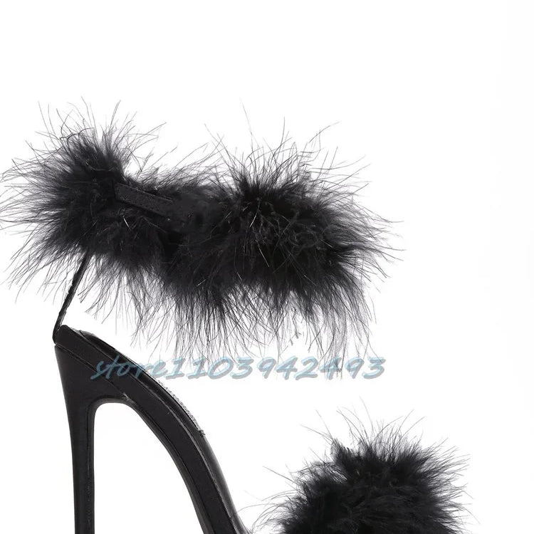 Latest Black Fur Sandals Pointed Toe Spring Summer Solid Stiletto Orange Ankle Buckle Strap Women Sexy Latin Dance Shallow Shoes as picture 1