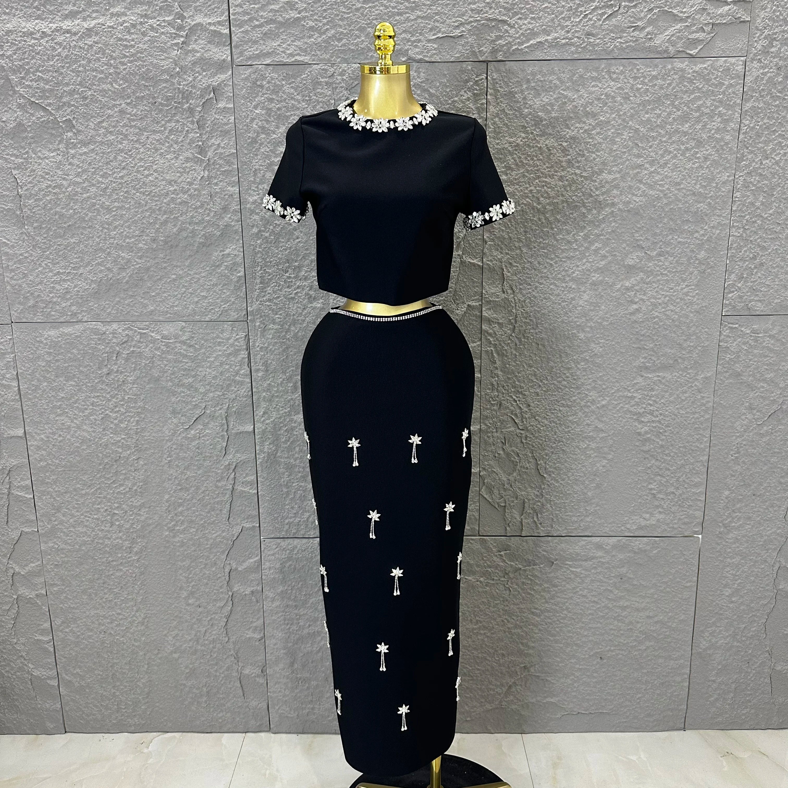 Black White Two Piece Set Women Elegant Short Sleeve Beaded Crop Top High Waist Pencil Midi Skirt Formal Suit