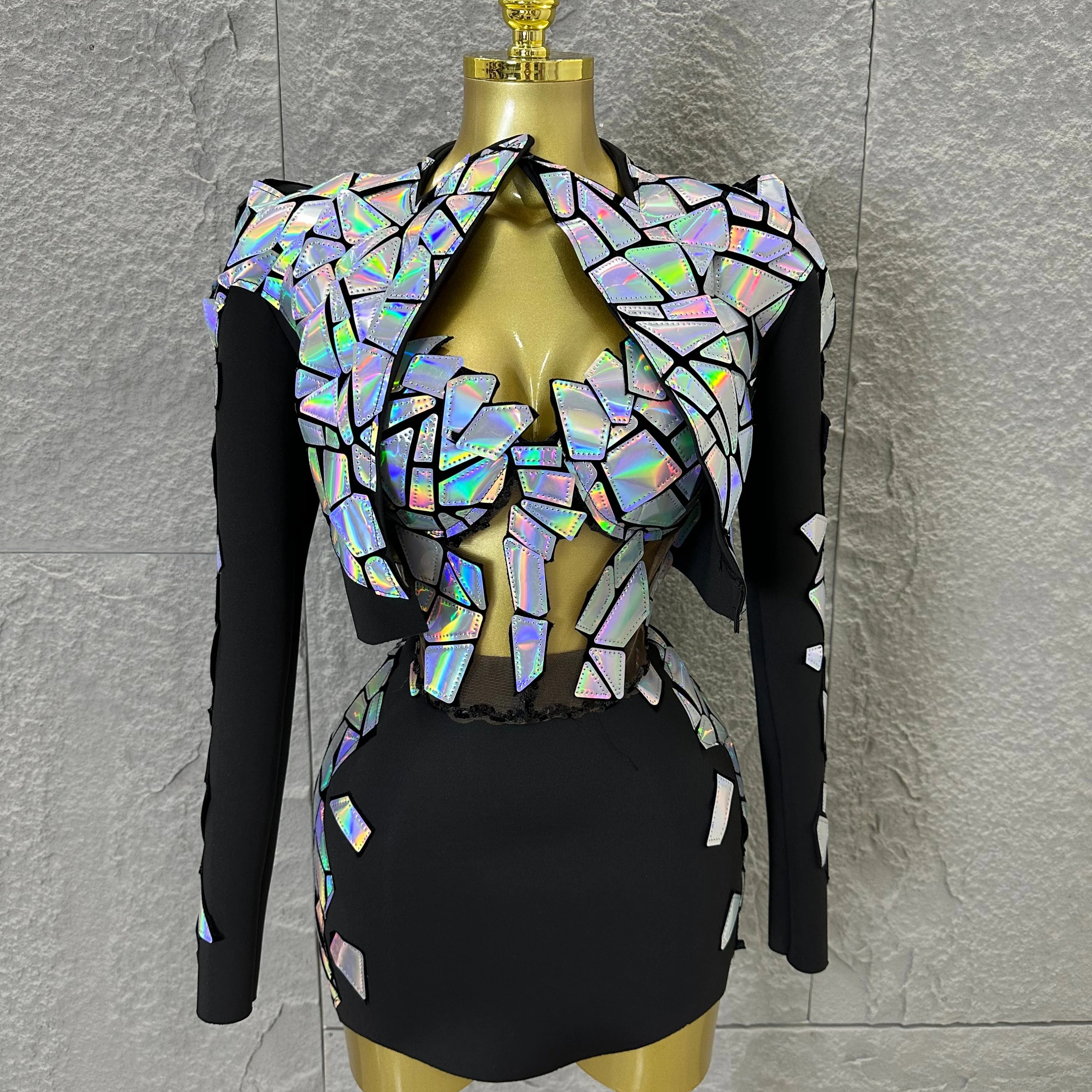 Edgy Black Luxury 3 Piece Set Women Mirror Reflective Patch Cropped Blazer Bralet Skirt Event Showmanship Performance Gown black