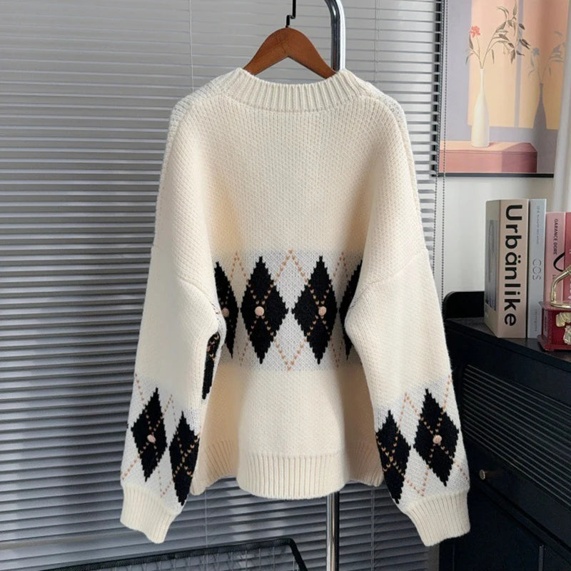 Winter Fashion Contrast Color Jacquard V-Neck Knitted Cardigan For Women Loose Lazy Style Soft Sweater Coat 11A07544