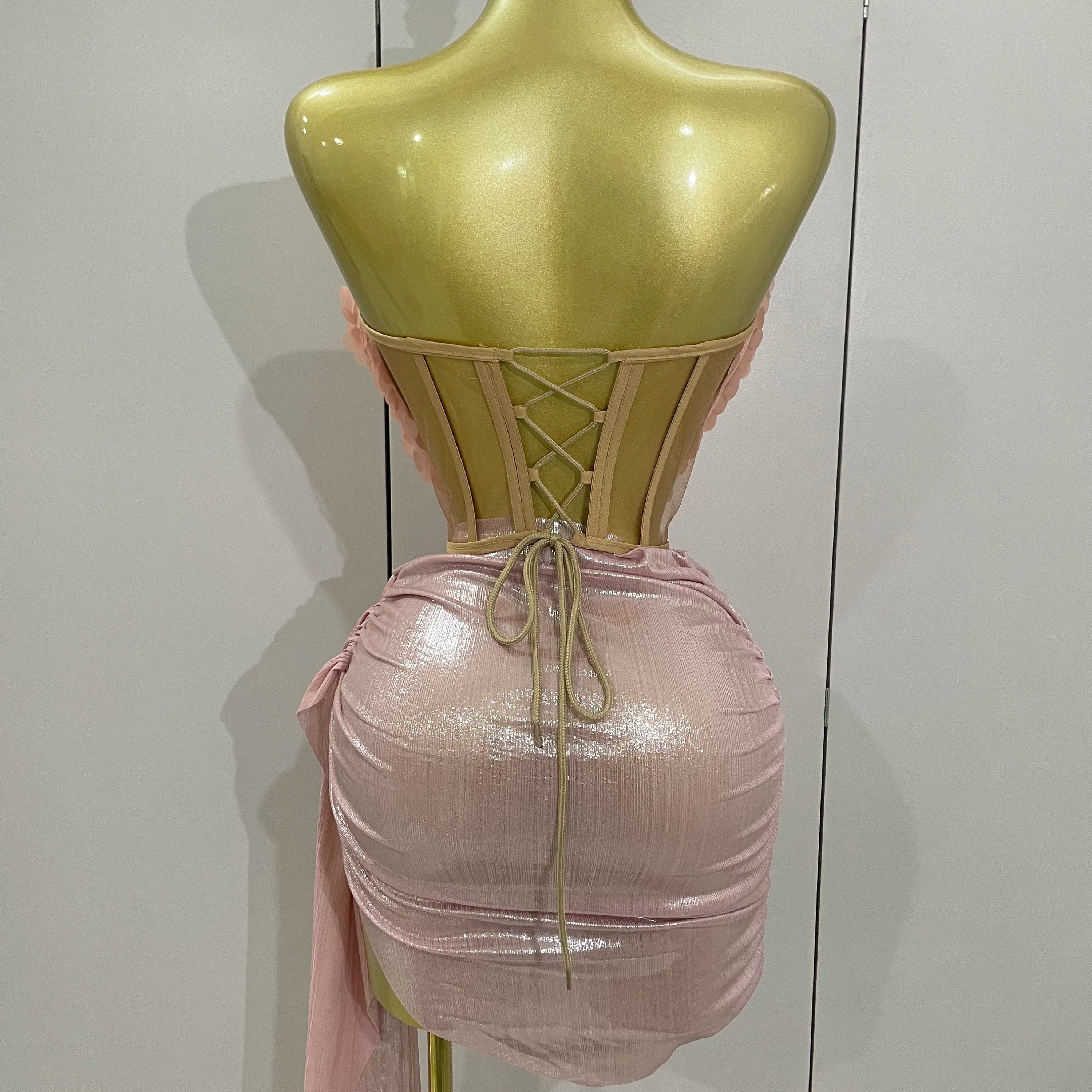 2025New Sexy Pink Sequin Strapless 2 Pieces Bodycon Mini Dress Women Celebrate Birthday Party Bar Singer Nightclub Stage Costume