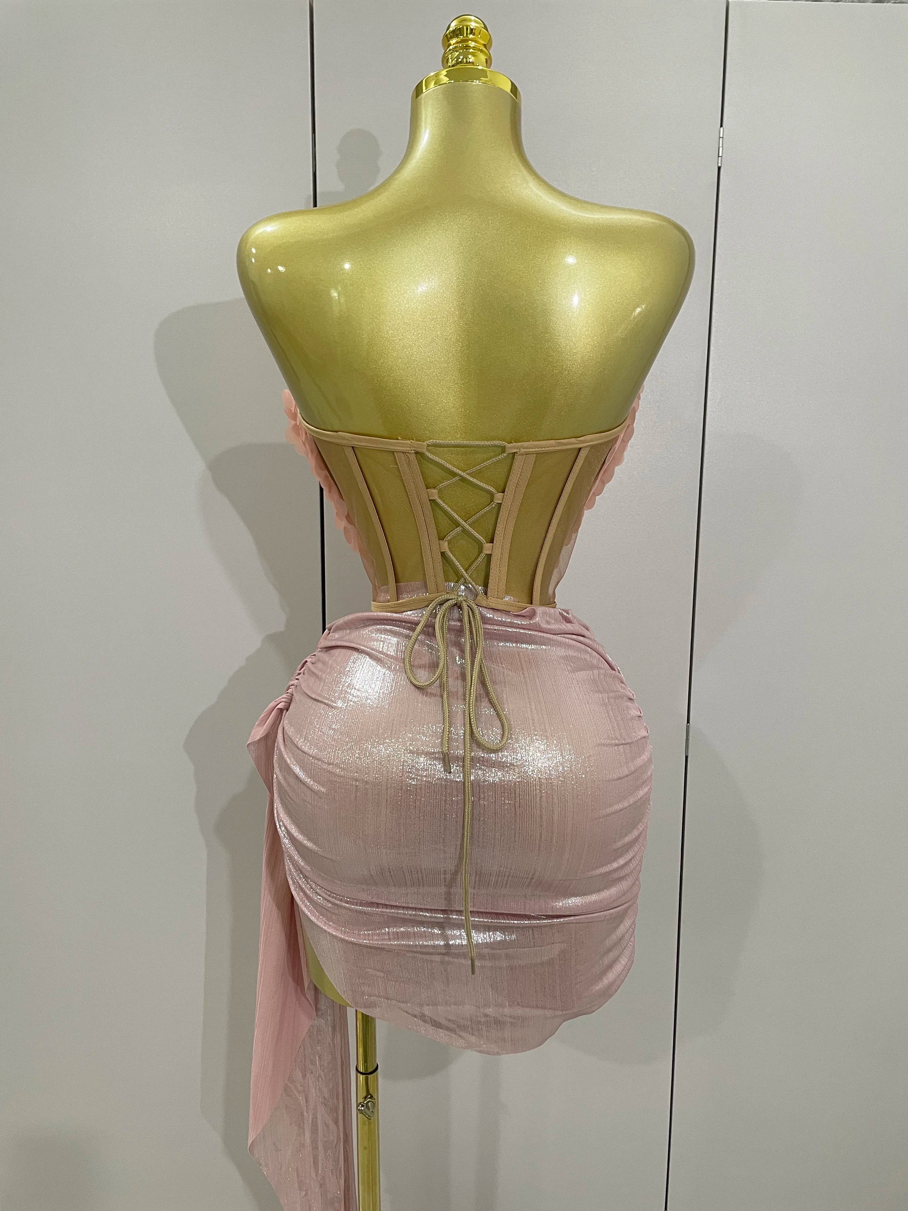 2025New Sexy Pink Sequin Strapless 2 Pieces Bodycon Mini Dress Women Celebrate Birthday Party Bar Singer Nightclub Stage Costume