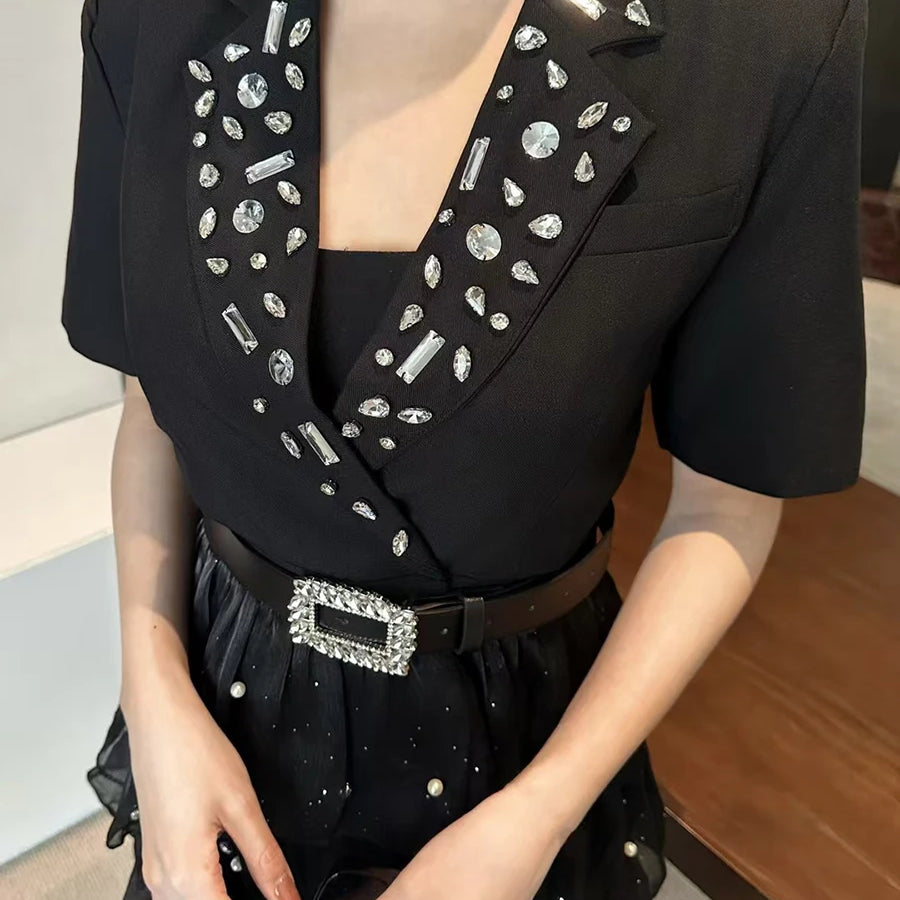 Solid Spliced Bead Belt Elegant Dresses for Women Lapel Short Sleeves Patchwor Ruffles Dress Female Clothing New BLACK