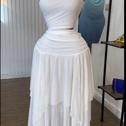 Women Tie Up Shoulder Sleeveless Knit Tank Top and Irregular Maxi Long Skirt Suit 2025 Summer Two 2 Piece Set Outfits