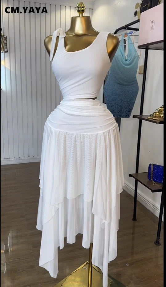 Women Tie Up Shoulder Sleeveless Knit Tank Top and Irregular Maxi Long Skirt Suit 2025 Summer Two 2 Piece Set Outfits