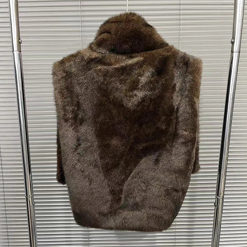 Autumn Winter Vintage Style Short Shawl Stand Collar Mink Fur Vest For Women Irregular Sleeveless Coat Female 11A07635