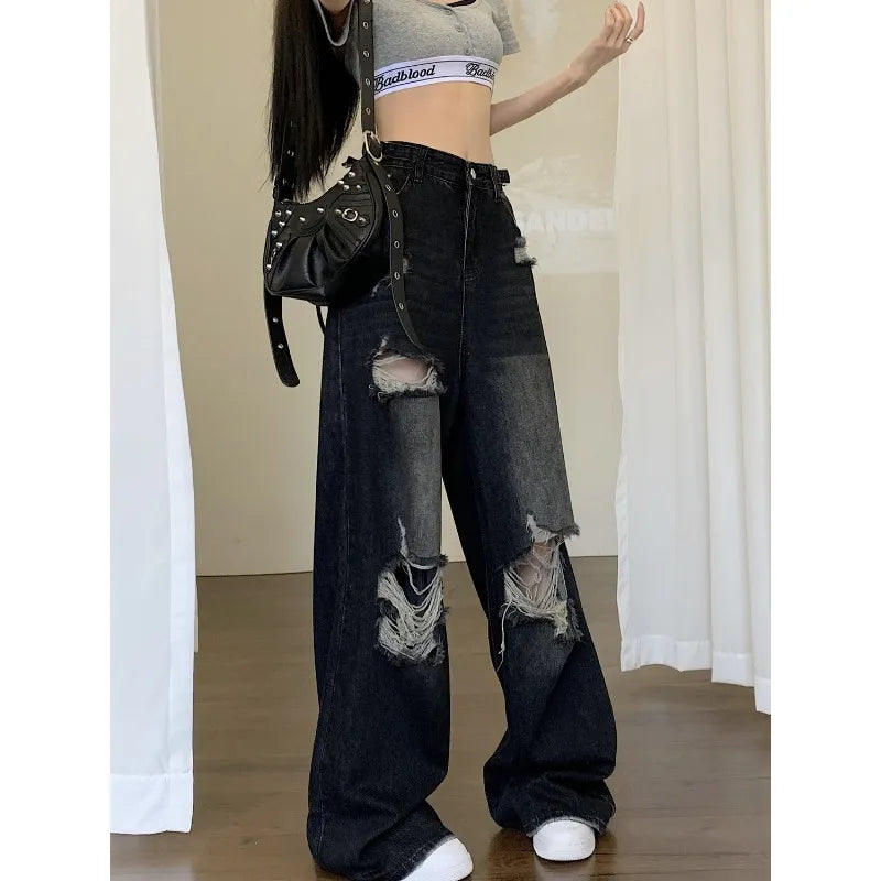 Trendy High Waisted Ripped Jeans for Women, Black Denim Pants with Unique Hole Washed Vibe Gothic Style Baggy Rip Jeans Woman