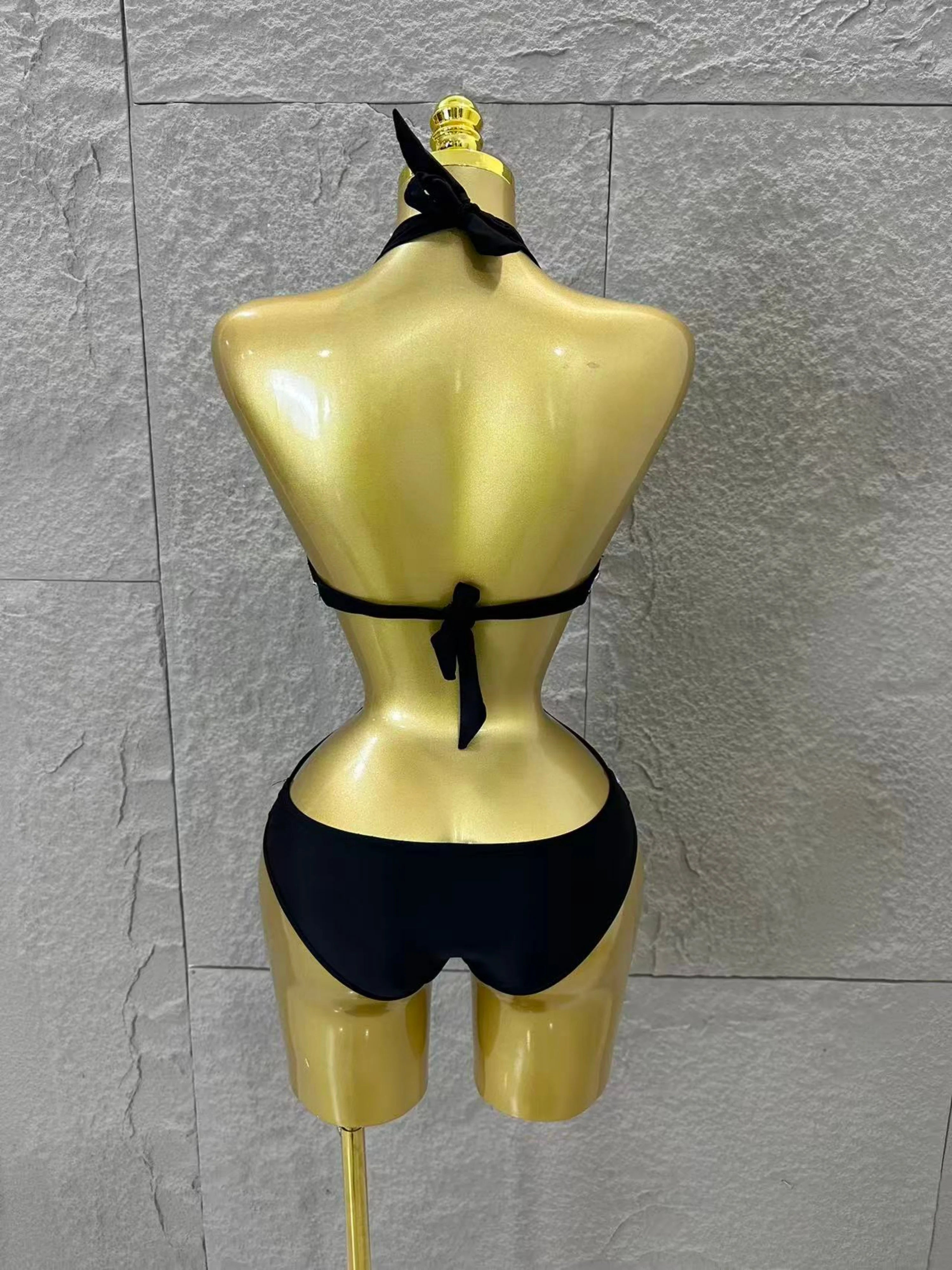 Gold Luxurious Black Bodysuit Women Sexy Halter Neck Iridescent Crystal Embellished Cutout Outfit Stage Performance Costume