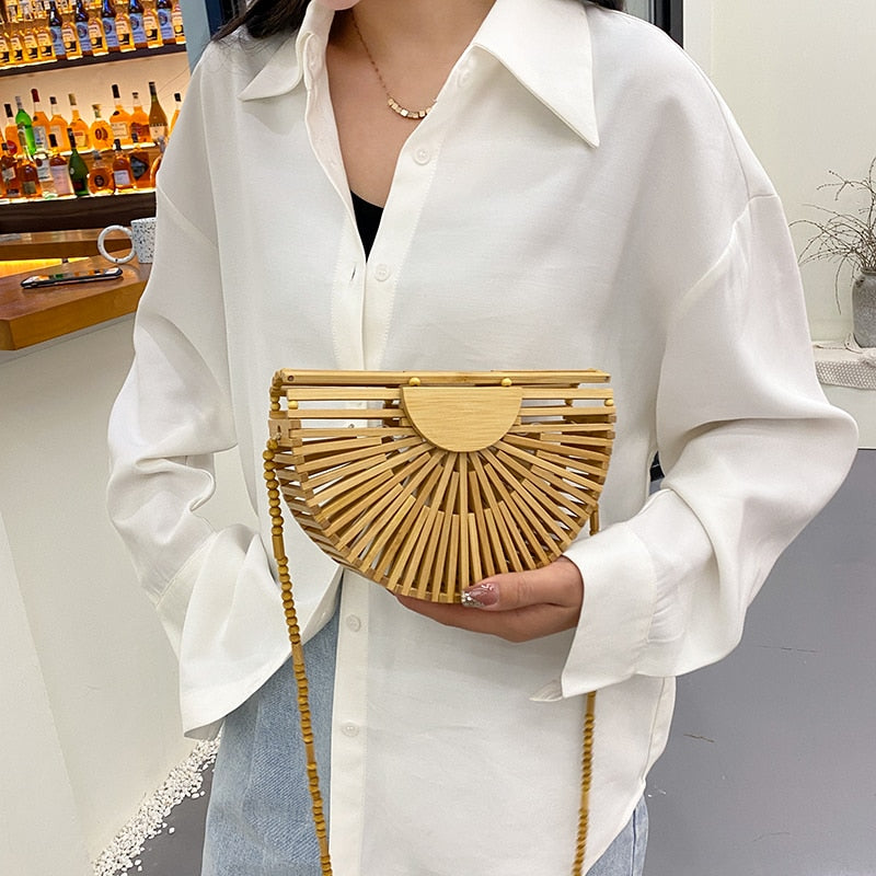 Semicircle Bamboo Small Crossbody Shoulder Bags with Handle for Women 2024 Summer Branded Luxury Beach Handbags Fashion Weave