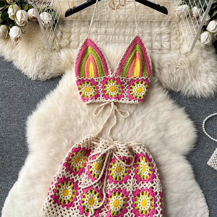 SINGREINY Summer Hollow Out Beach Suits Women Strap Halter Sexy Top+Mini Shorts Fashion Floral Knitted Bohemian Two Pieces Sets