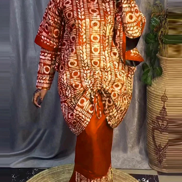 Plus Size 5XL VONDA Women Sets 2024 Bohemian Printed Outfits Elegant Long Sleeve Top+Half Skirt Two-Piece Sets Casual Loose Suit Orange