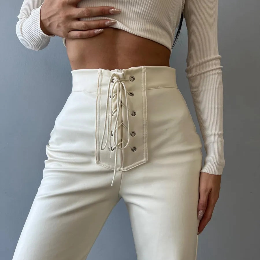 Stylish Chic Faux Leather Pants Women Autumn Winter Sexy High Waist Long Flare Pants Woman Drawstring Black PU Leather Trousers