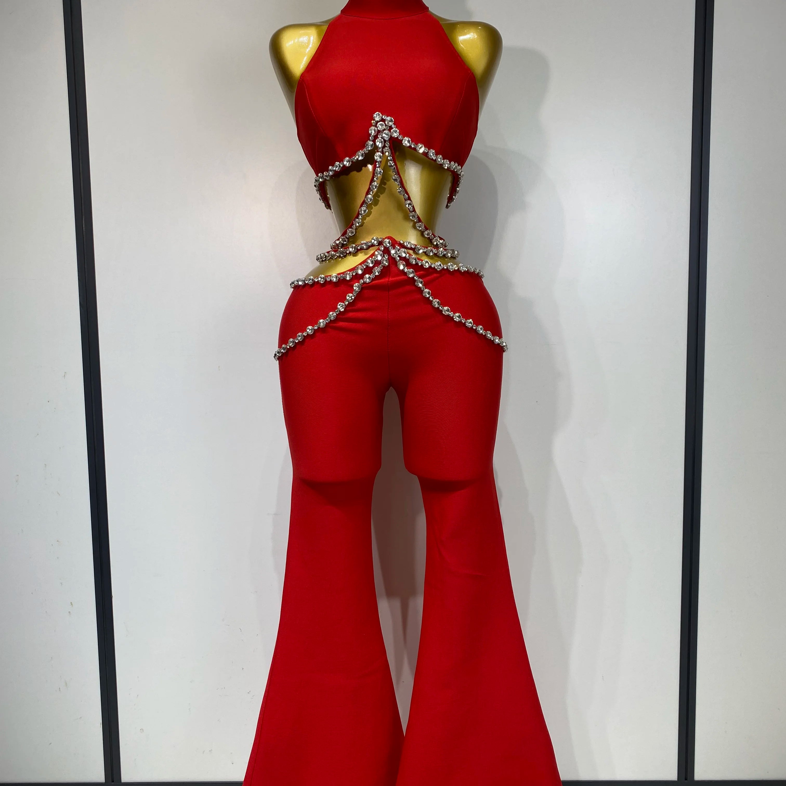 Women Luxury Rhinestone Red Sexy Cut Out Two Piece Pants Bandage Set 2025 Celebrity Designer Fashion Women's Set Stage Outfit Rose Red