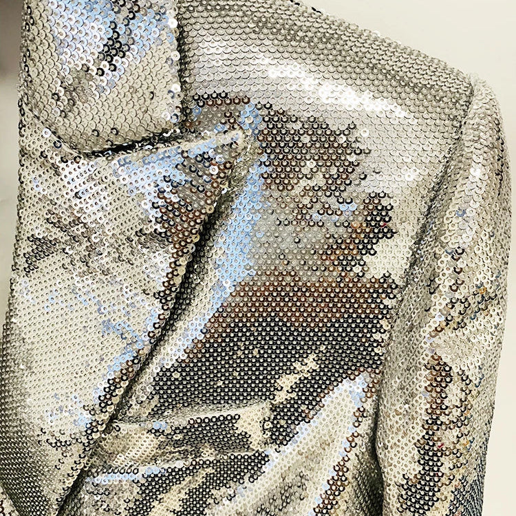 HIGH STREET Newest Stylish Designer Suit Set Women's Glitter Seqeuined Crop Short Jacket Skirt Suit 2pcs