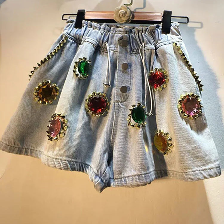 DEAT Women's Denim Shorts Rivet Big Diamonds Drawstring Elastic Waist Loose Wide Leg Short Jeans Summer New Fashion 29L1056 light Blue
