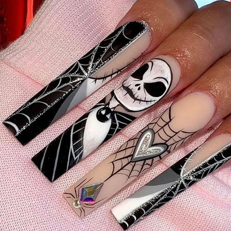 Scary Blood Skull Fake Nails Long Coffin Ballet Halloween Style False Nails 24pcs Wearable Press on Nail tips for Halloween Gift H12