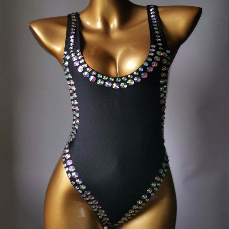Sexy Backless Woman's One-Piece Swimsuit Luxury Crystal Rhinestone Diamond Swimwear High-End Customized Bathing Suit Black