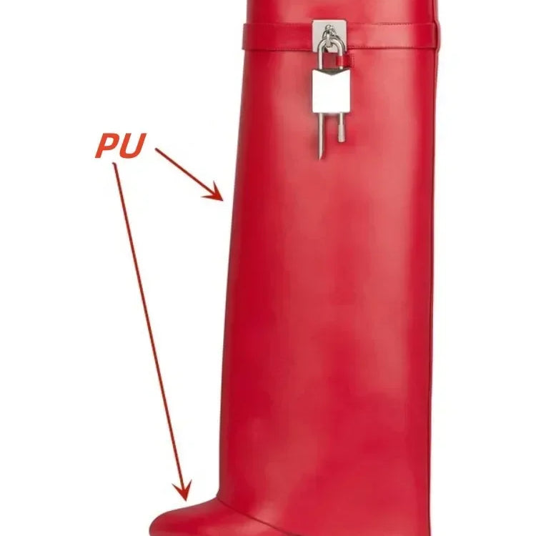 European and American Metal Lock Fasteners for High Tube Skirts, Boot Slopes, Leg Sleeves, Knee Length Boots, Platform Boots red PU