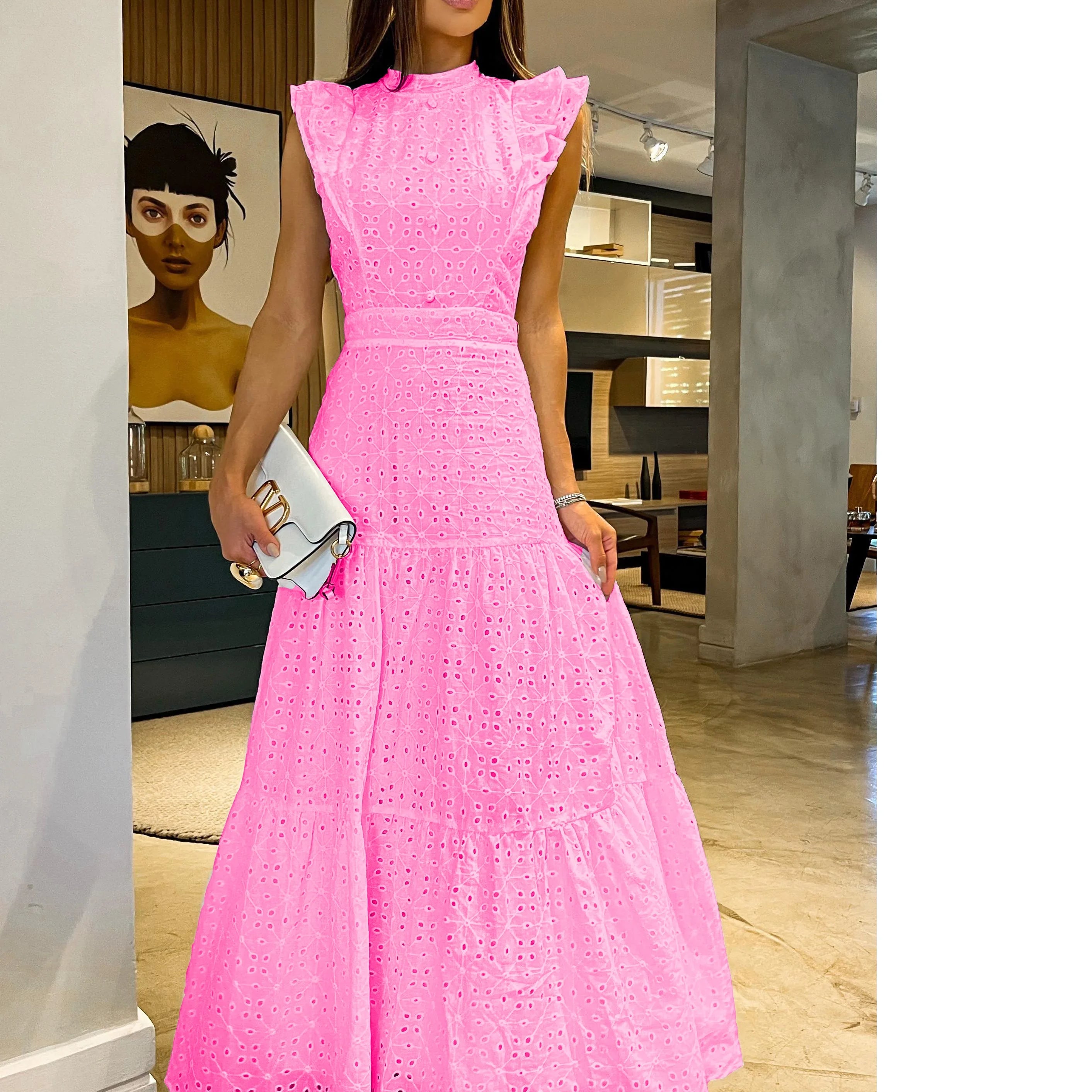 Bohemian Solid Hollow Out Elegant Women Dress O Neck Flying Sleeve Button Long Dress Summer Chic Casual Beach Women Clothing Sky blue