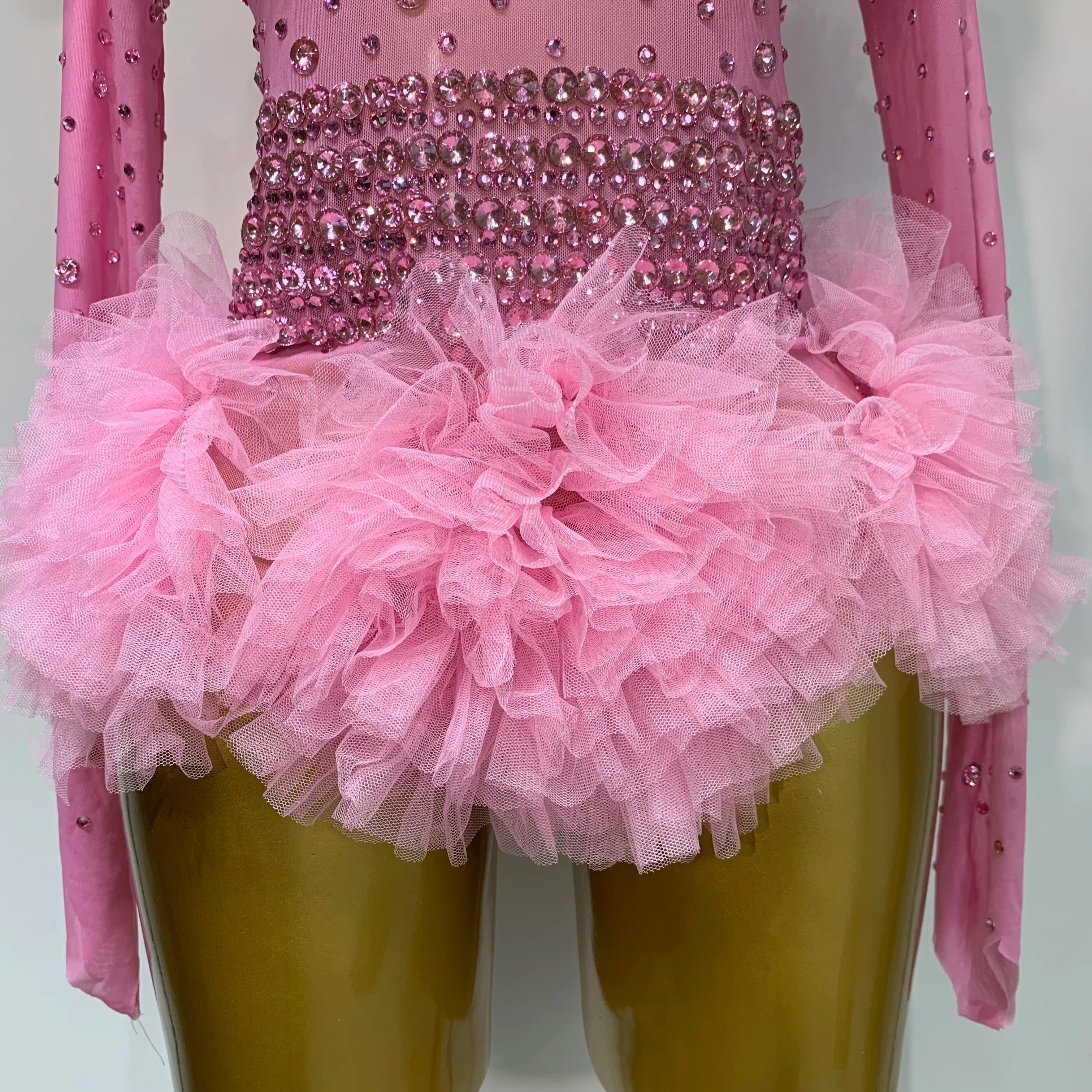 Sexy See Through Rhinestone Bodysuit 2025 Women Sexy Tight Mesh Ruffles Performance Dancer Singer Costume Nightclub Stage Outfit