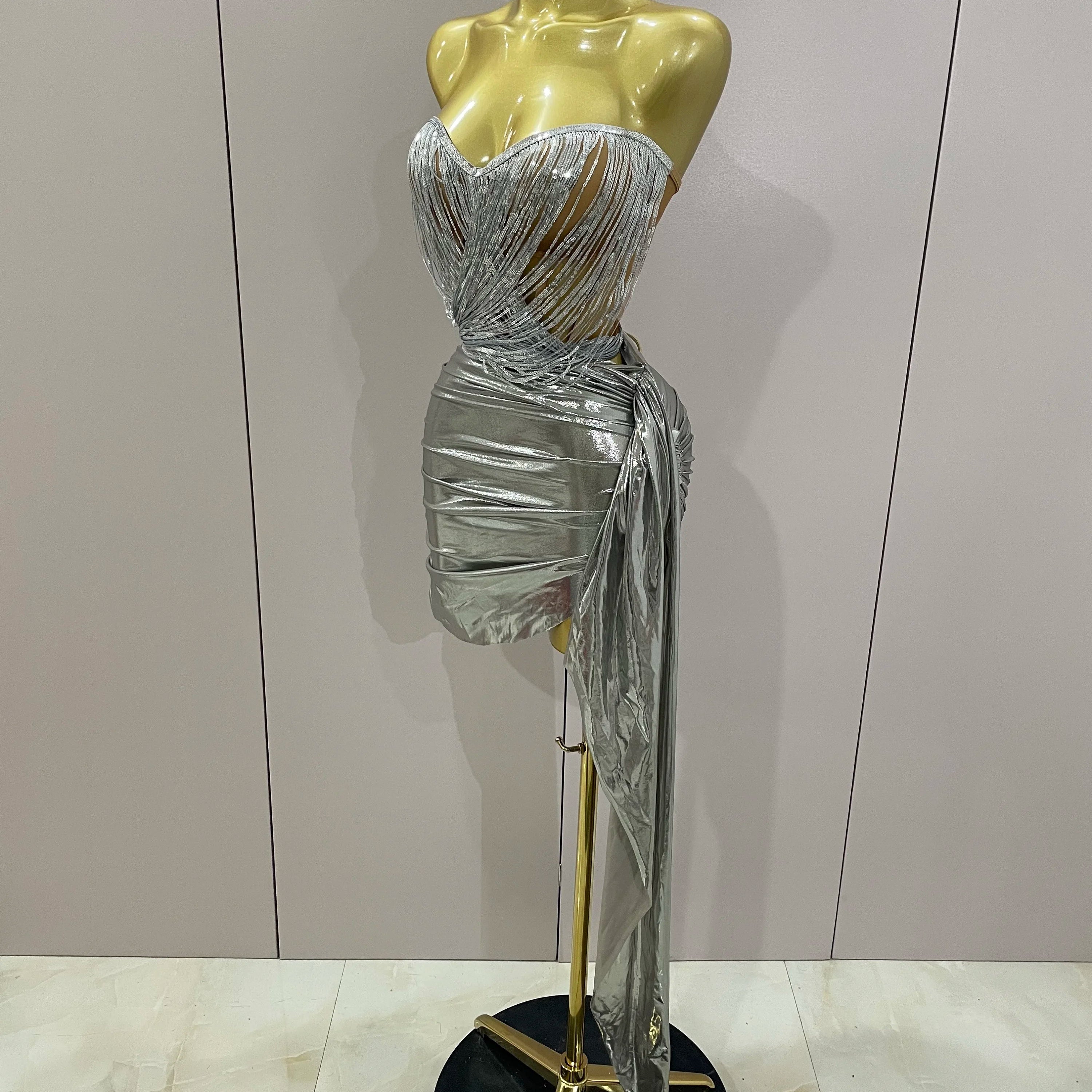 Stock Shiny Silver Sequin Tassels Mini Dress 2-piece Set 2025 New Women Evening Birthday Party Club ShootPhoto Stage Costume