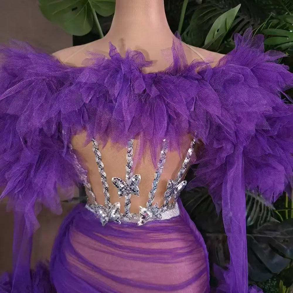 White Purple Women Sexy Strapless Mesh Ruffles 2 Pieces Bodycon Mini Dress See Through Celebrate Nightclub Party Birthday Wear PURPLE