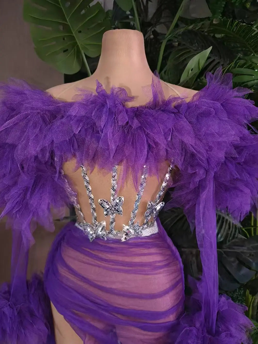 White Purple Women Sexy Strapless Mesh Ruffles 2 Pieces Bodycon Mini Dress See Through Celebrate Nightclub Party Birthday Wear PURPLE